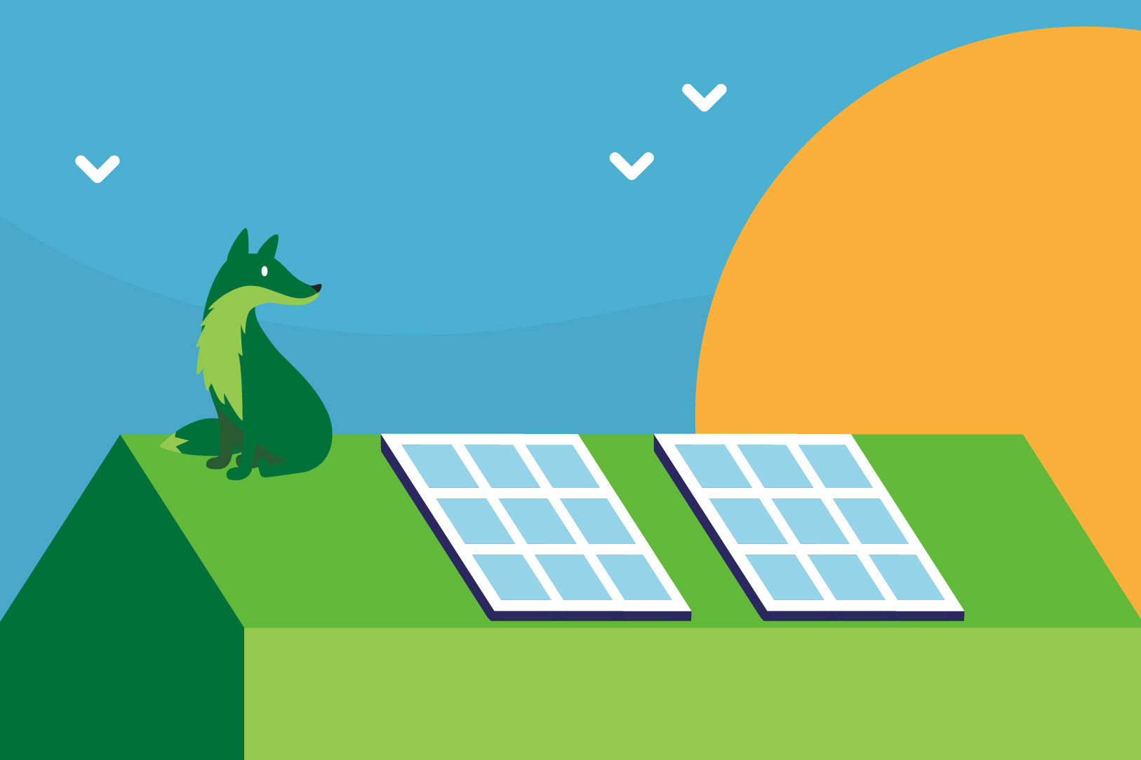 An illustration of a green fox on a roof